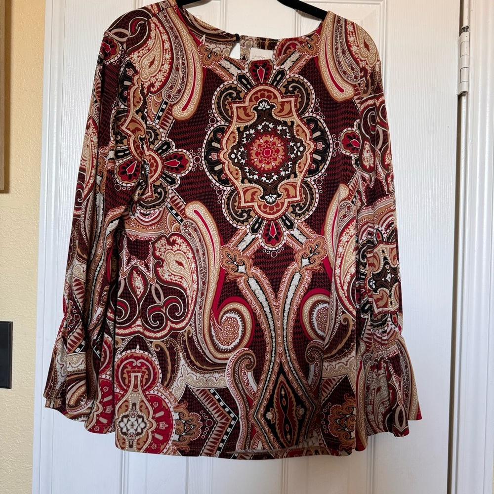 Chicos Top - Super Cute - Size 2  Burgundy Tan Black bell sleeves.